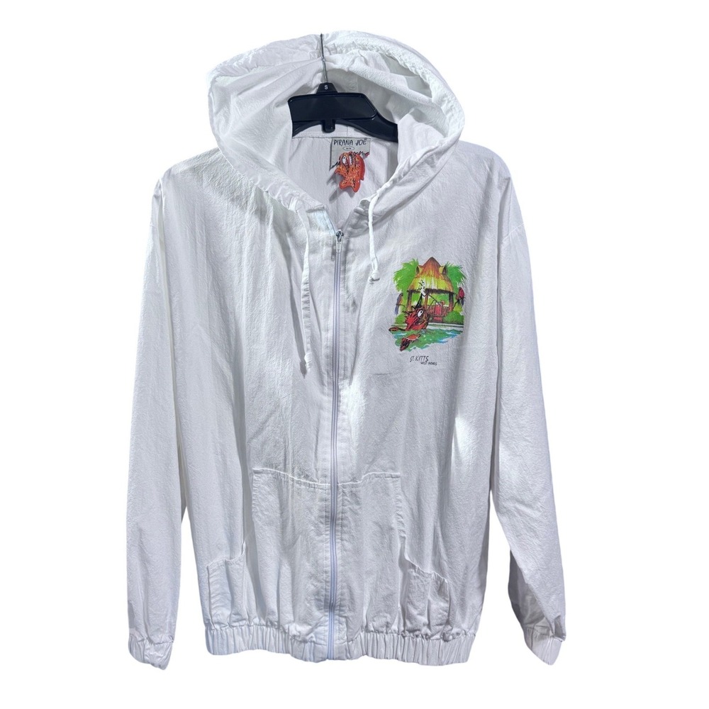 Pirana Joe Zip Hoodie Mens XL St Kitts Graphic White Cotton Lightweight Vintage